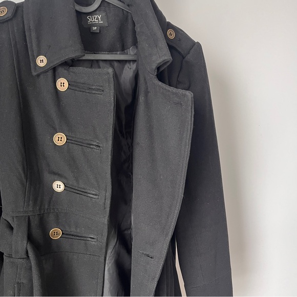 Suzy Shier Double-Breasted Women's Black Coat Wool Blend SizeS Utilitarian - Picture 8 of 8